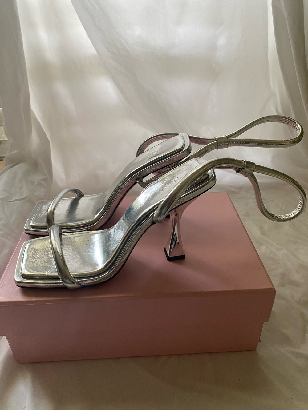 Hanifa Silver Metallic Slingback Square-Toe Heels